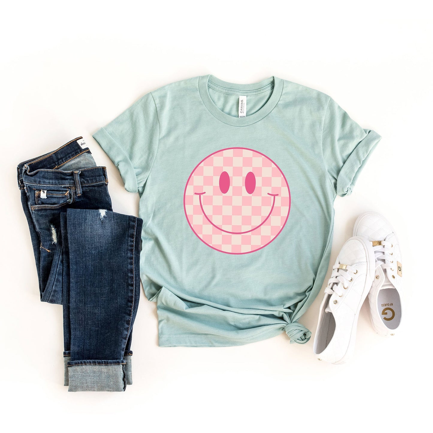 Pink Checker Smiley Face | Short Sleeve Crew Neck
