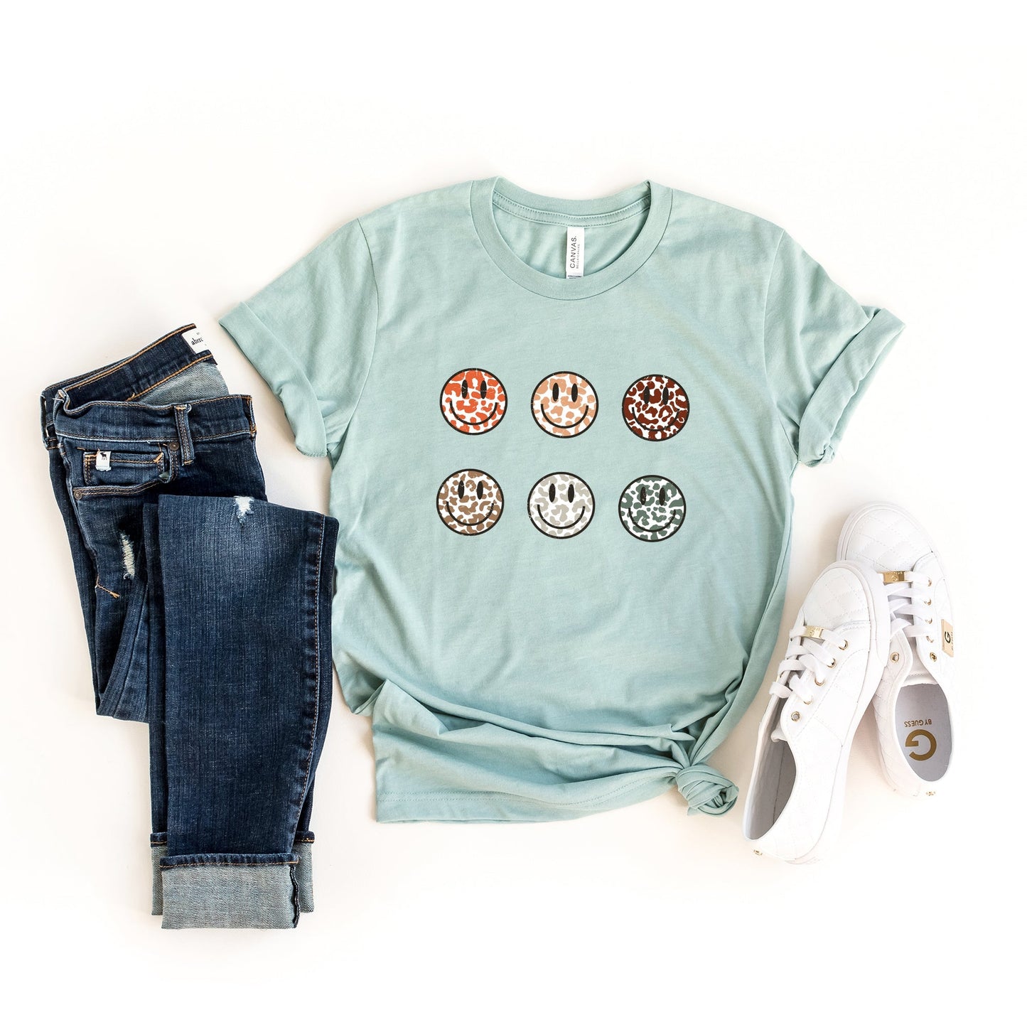 Leopard Smiley Faces Stacked | Short Sleeve Crew Neck