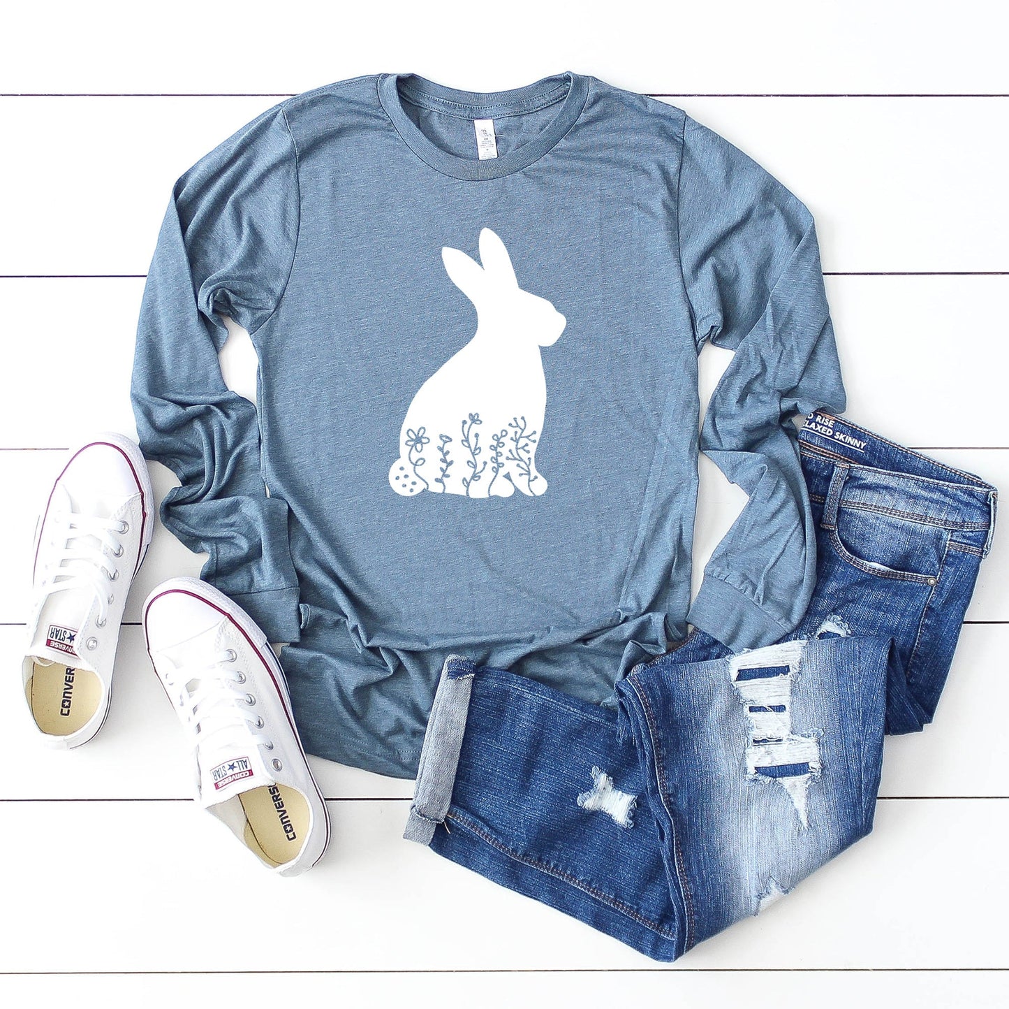 Bunny With Flowers | Long Sleeve Crew Neck