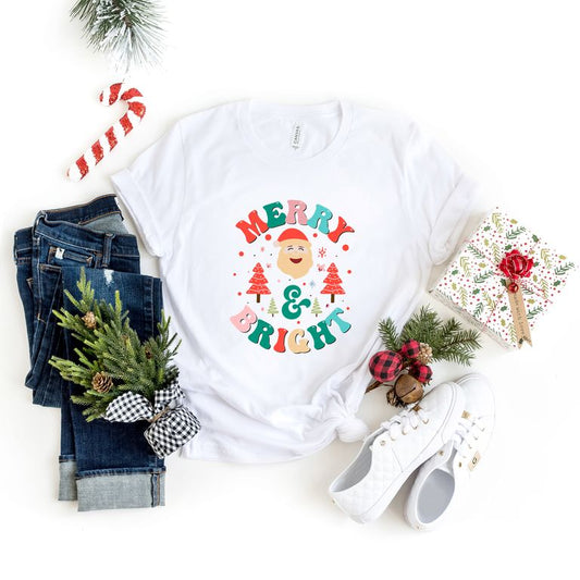 Retro Merry And Bright Santa | Short Sleeve Crew Neck