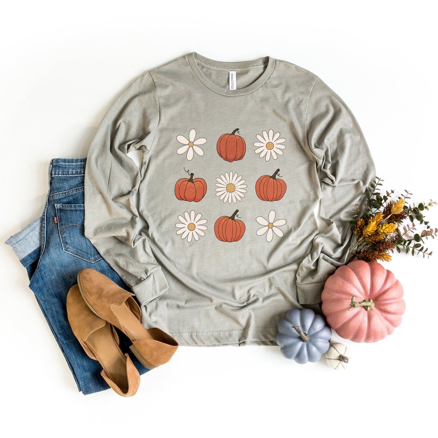 Pumpkin Daisy Checkered | Long Sleeve Crewneck