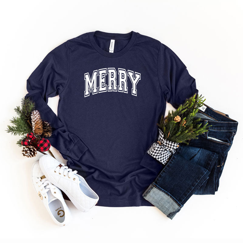 Merry Varsity Thick Outline | Long Sleeve Graphic Tee | Christmas