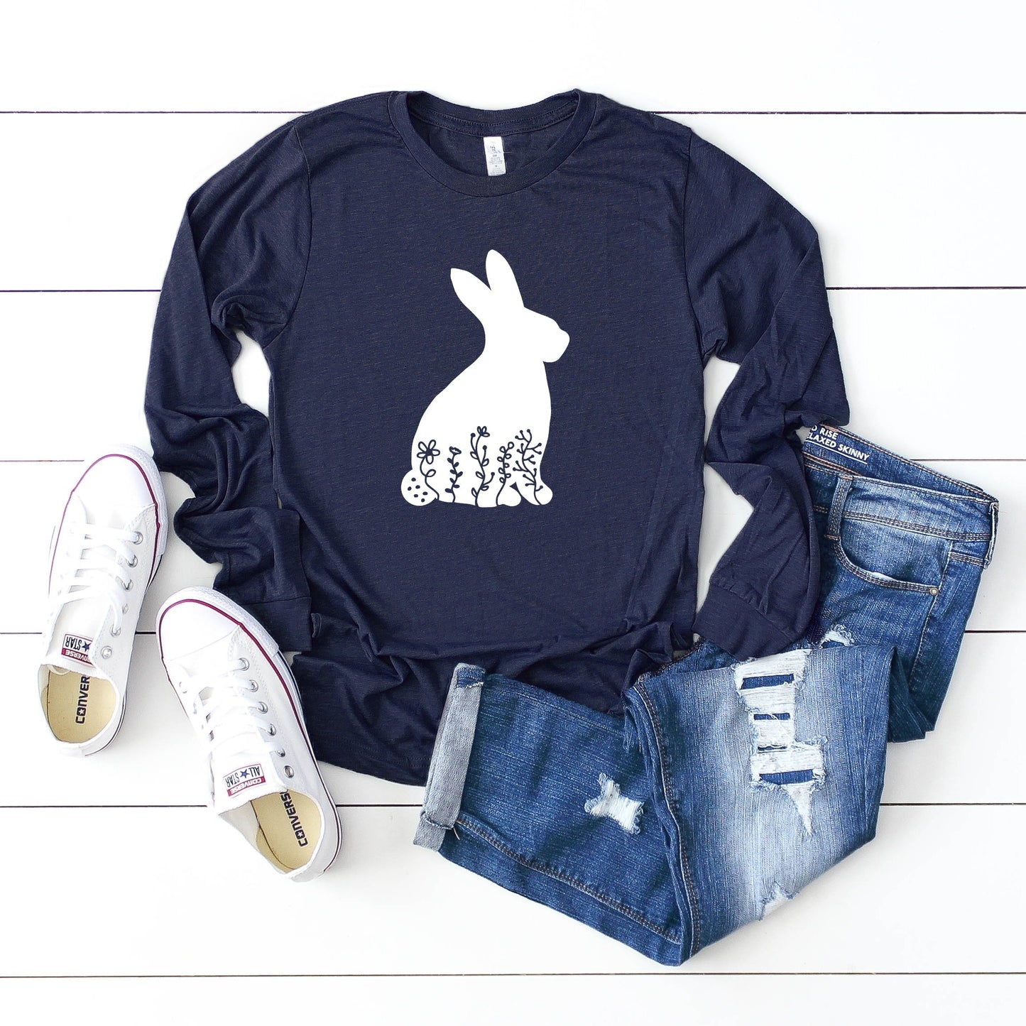 Bunny With Flowers | Long Sleeve Crew Neck