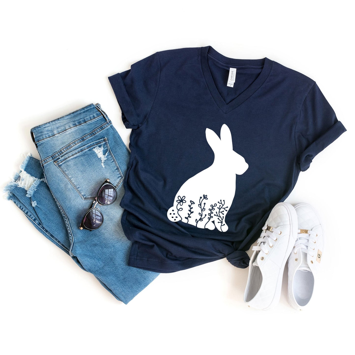 Bunny With Flowers | Short Sleeve V-Neck