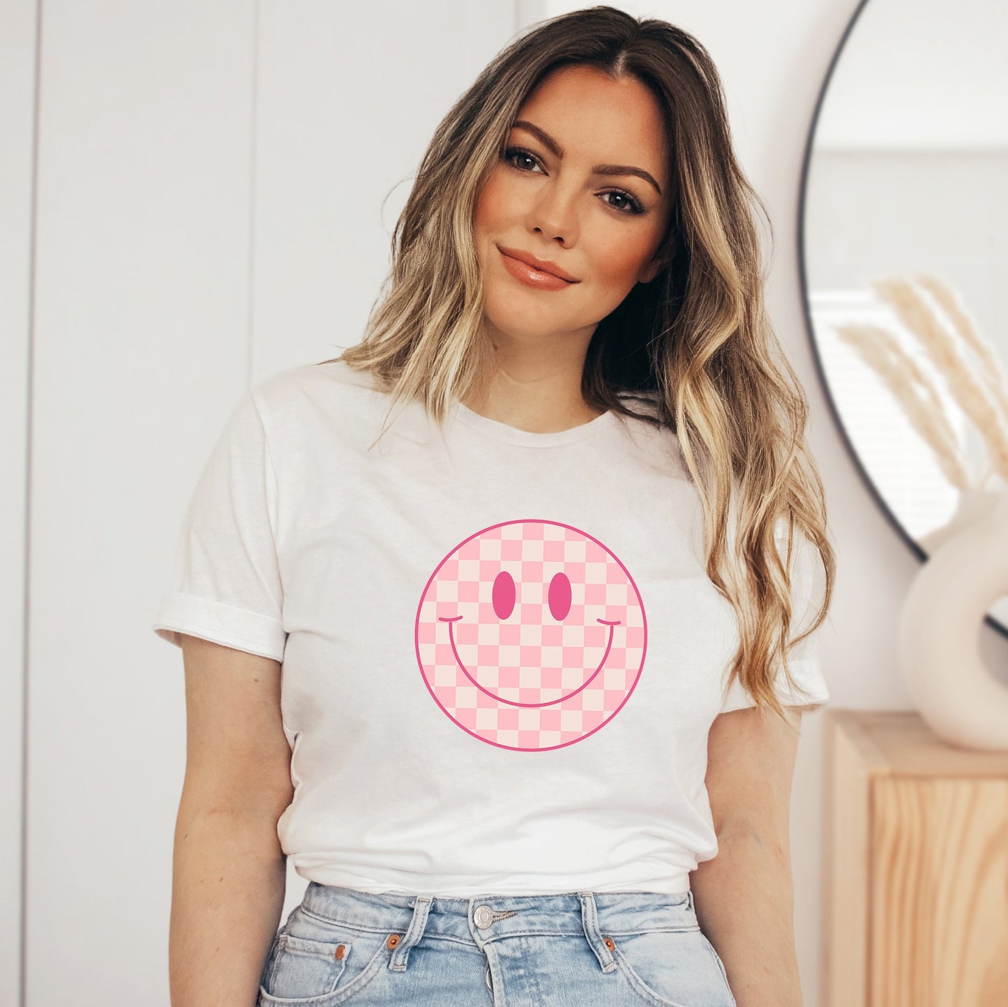 Pink Checker Smiley Face | Short Sleeve Crew Neck