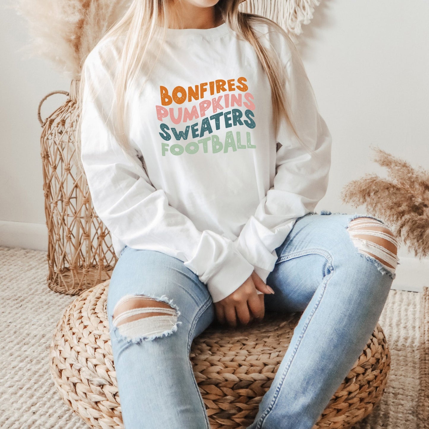 Bonfires Pumpkins Sweaters Football | Long Sleeve Crew Neck