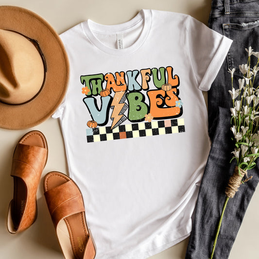 Thankful Vibes Checkered| Short Sleeve Crew Neck