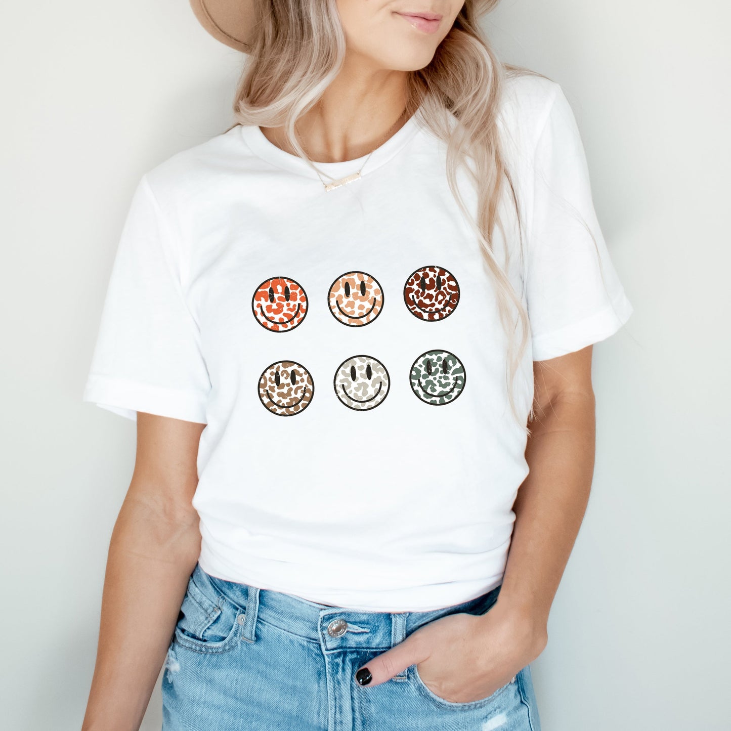 Leopard Smiley Faces Stacked | Short Sleeve Crew Neck