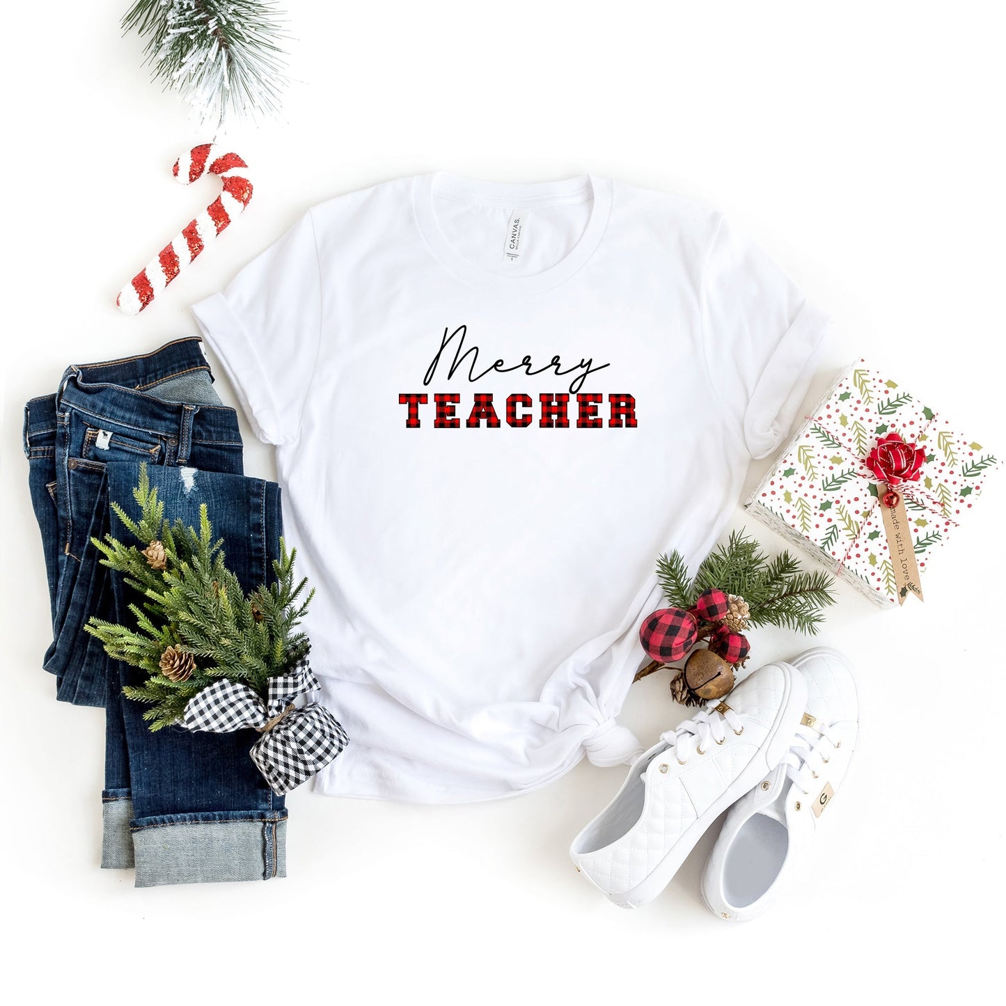 Merry Teacher Buffalo Plaid | Short Sleeve Crew Neck