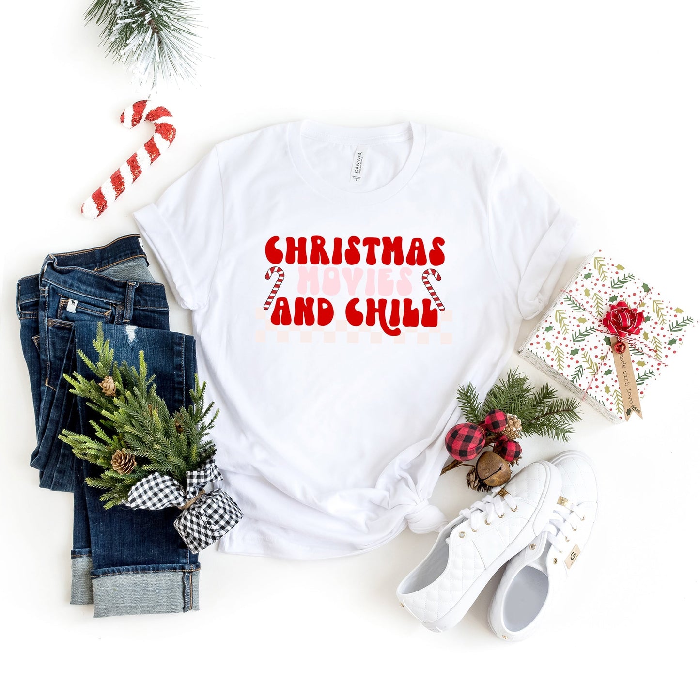 Christmas Movies And Chill Checkered | Short Sleeve Crew Neck