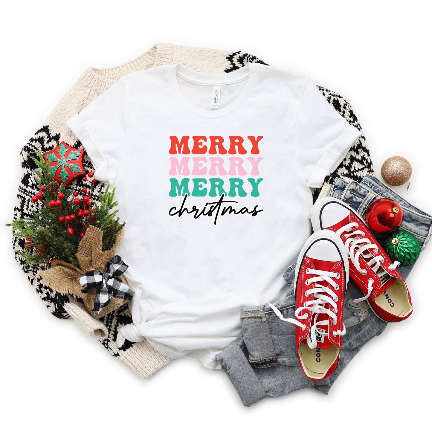 Merry Merry Merry Bold Christmas | Short Sleeve Crew Neck