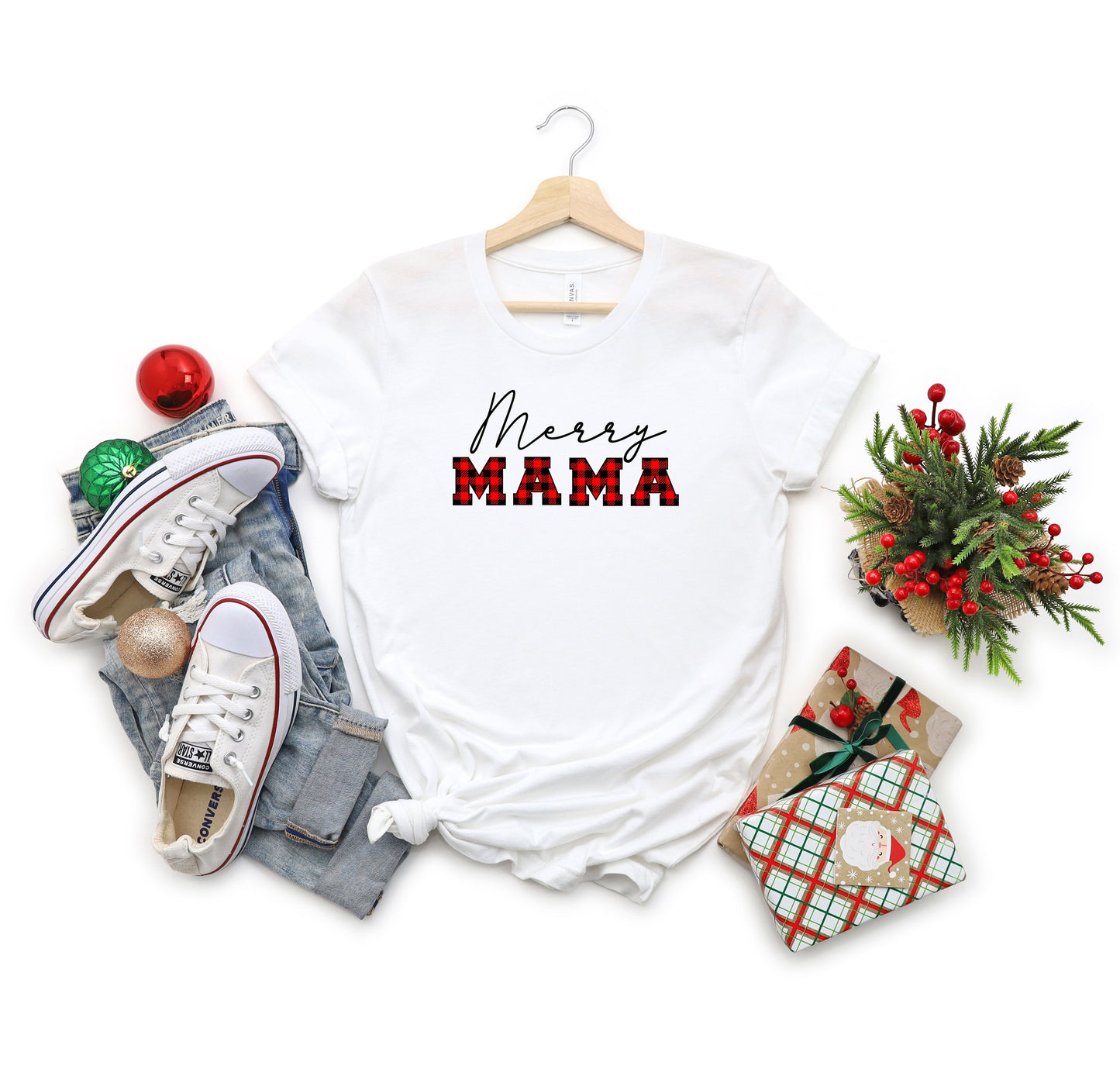 Merry Mama Buffalo Plaid | Short Sleeve Crew Neck