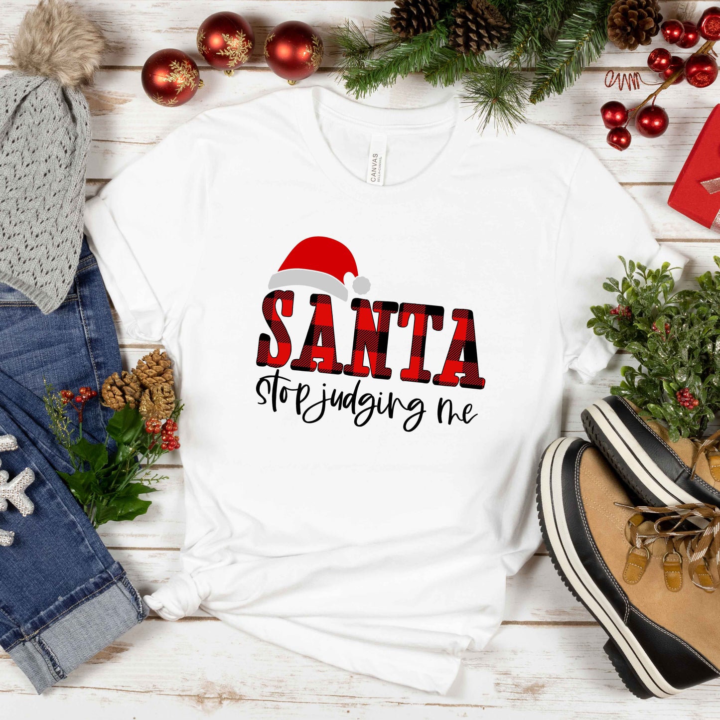 Santa Stop Judging Me Plaid | Short Sleeve Crew Neck