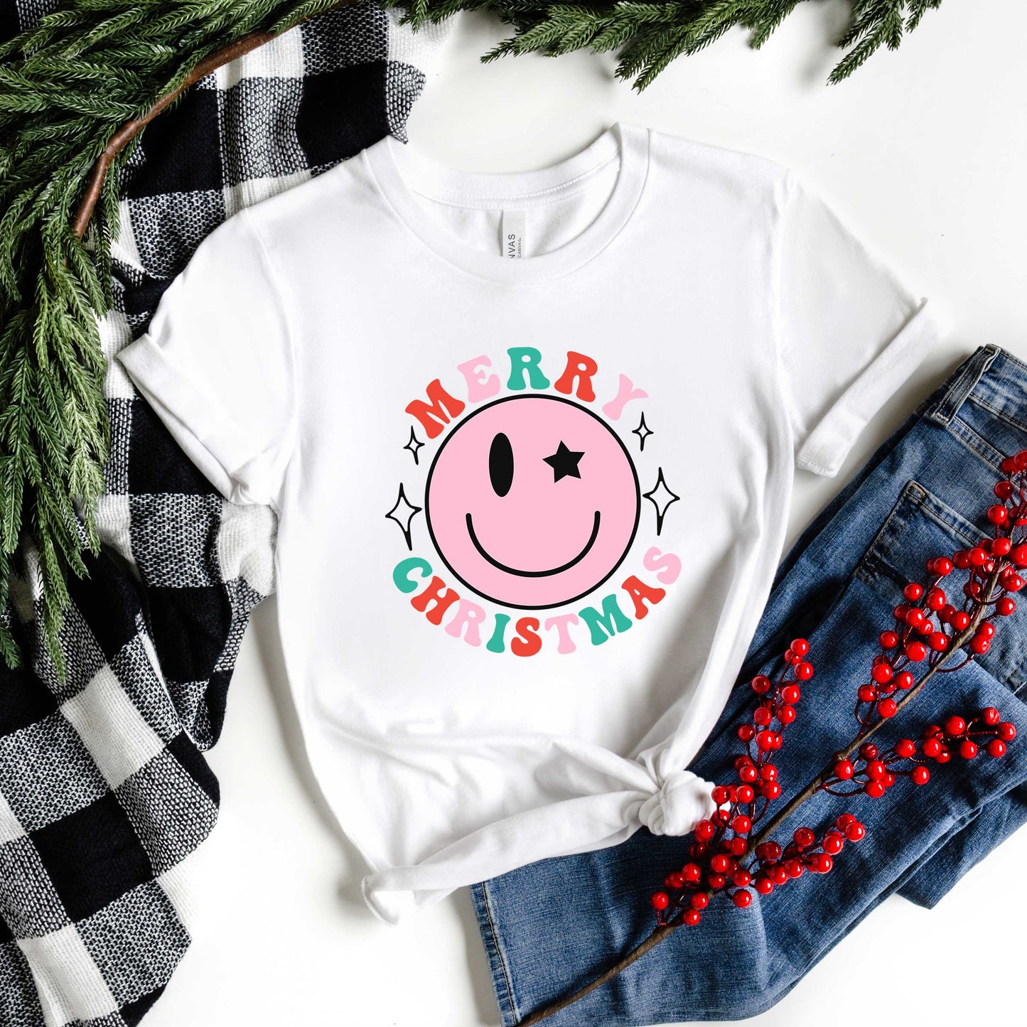 Merry Christmas Smiley | Short Sleeve Crew Neck