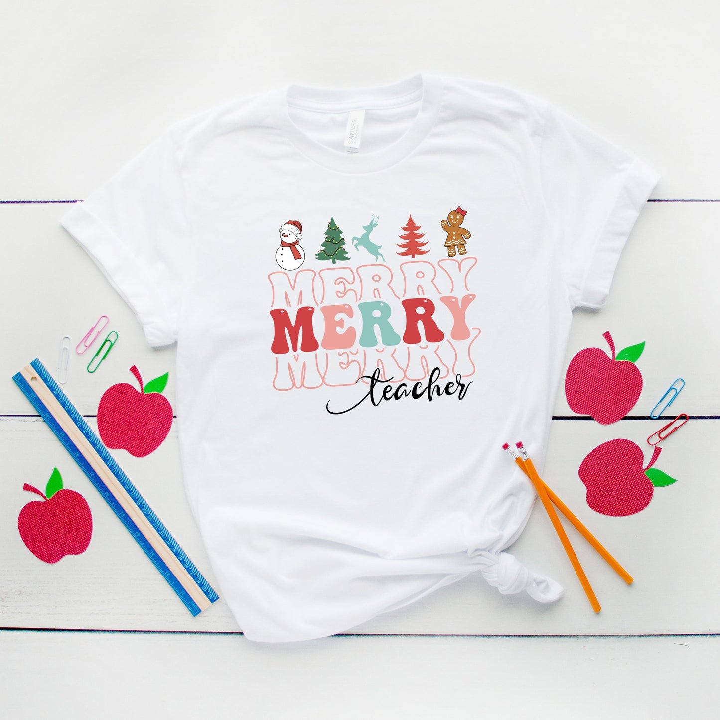 Merry Stacked Teacher | Short Sleeve Crew Neck
