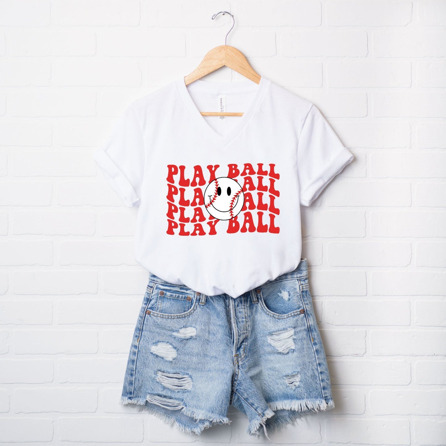 Play Ball Stacked Smiley Face | Short Sleeve V-Neck